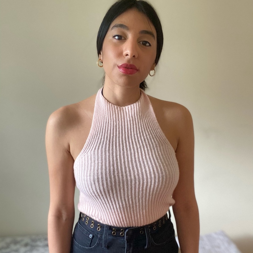 Comfy and sultry pink sweater halter top